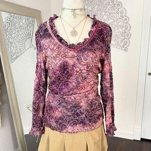 Tribal Euro Label Purple Pink Crushed Velvet Early 2000's Lace Long Sleeve Top L